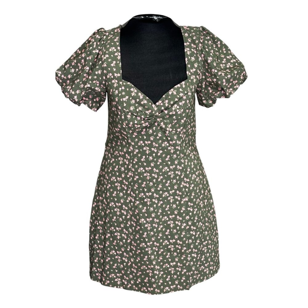 Floral Green Puff Sleeve Mini Dress By Trixxi Size XL With Sweetheart Neckline